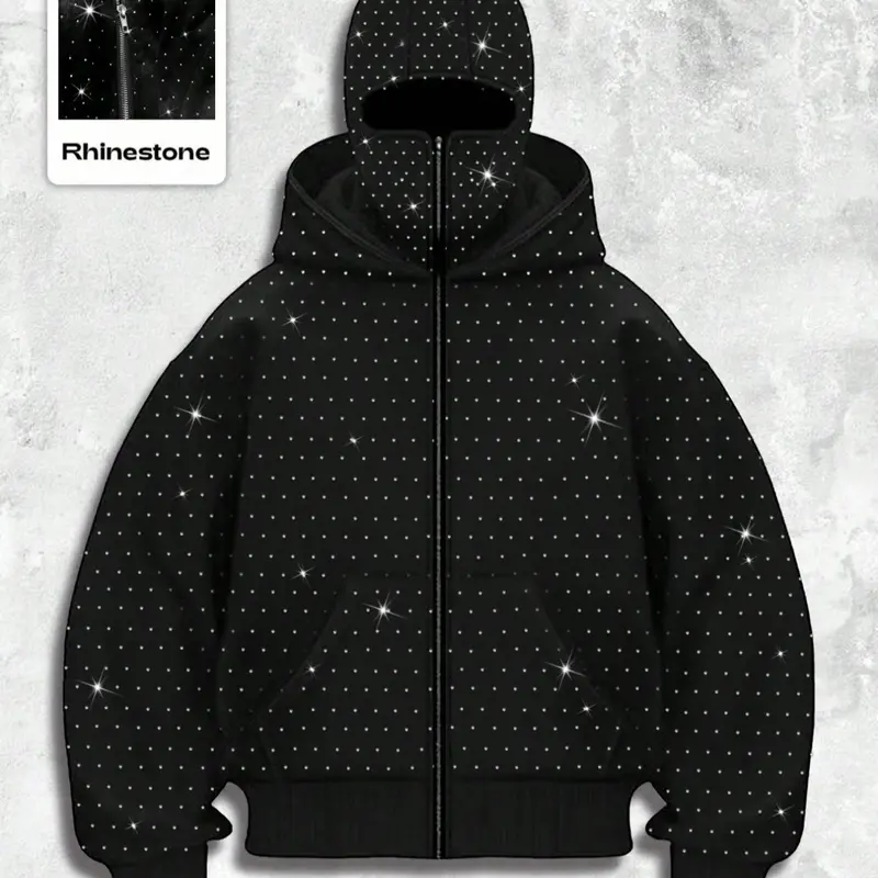 Men's Street Style Casual Rhinestone Long Sleeve Hooded Sweatshirt, Pocket and Zip Design, Fall & Winter Wear, Geometric Pattern, Fitted Fit, urban fashion streetwear