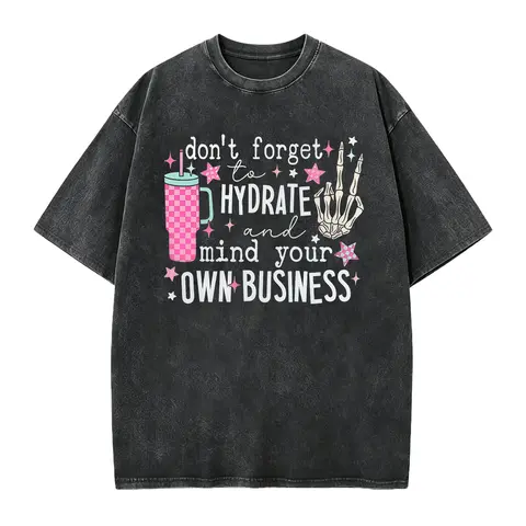 Women's Fitted Round Neck Short-Sleeve 100% Cotton Soft Seamless Casual Solid T-Shirt - All-Seasons Sassy Skeleton Graphic Top with "Don't Forget To Stay Hydrated And Take Care Of Yourself" Meme Slogan