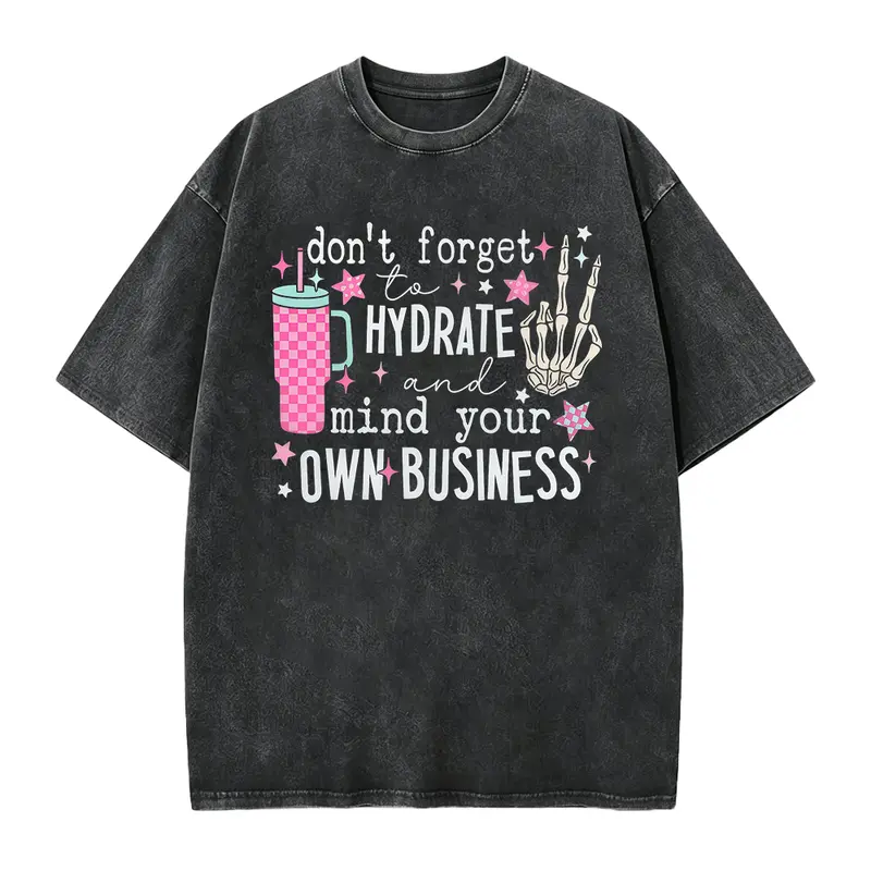 Women's Fitted Round Neck Short-Sleeve 100% Cotton Soft Seamless Casual Solid T-Shirt - All-Seasons Sassy Skeleton Graphic Top with "Don't Forget To Stay Hydrated And Take Care Of Yourself" Meme Slogan