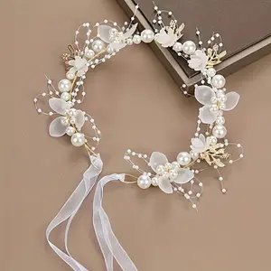 Sweet Lovely Forest Fairy Imitation Pearl Flower Headband Suitable For Banquets Wedding Brides Bridesmaids Stage Performances Photography Dressup Headwear