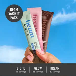 Beam Variety Pack Bundle — Glow 15 Servings + Dream 10 Servings + Biotic 15 Servings for Skin, Sleep & Gut Health (Strawberry Kiwi, Brownie Batter & Blue Raspberry Flavors)