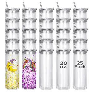 FASTSUB 20 oz Sublimation Snow Globe Skinny Tumbler 25 Pack, Double Wall Snowglobe Cup for UV DTF, DIY