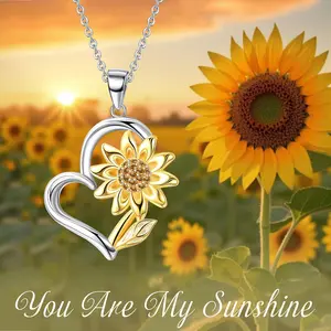 FIBO S925 Silver Sunflower Pendant Pnendant Necklace for Women Mom 14K Golden Plated Heart Sunflower Pendant Chain Necklace Jewelry Mother's Day Valentine's Day Gift with Gift Box