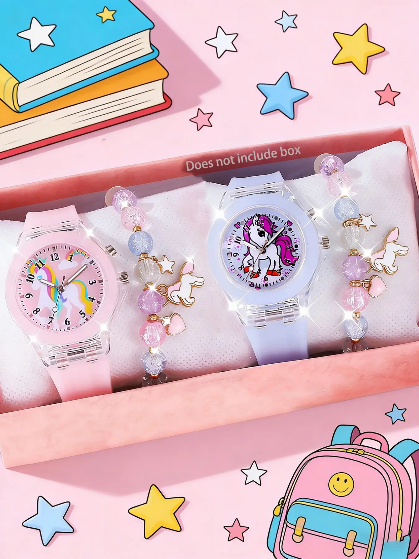 Fashionable Cute Unicorn Glowing Quartz Casual Analog Watch Set, Colorful Pony Star Bracelet Jewelry, Back-To-School Gift, Daily Wear