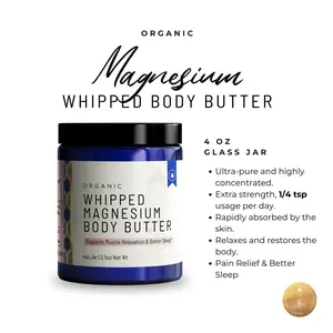 Magnesium Body Butter Organic 4 oz Jar Ultra-Pure Magnesium Chloride Whipped Butter with Peppermint Rosemary & Ginger for Muscle Relaxation & Better Sleep