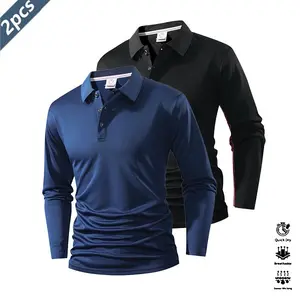 2 Piece Set Men's Quick Dry Golf & Tennis Polo Shirt Comfortable Equestrian Wear with Color Blocked Collar & Cuffs Medium Size
