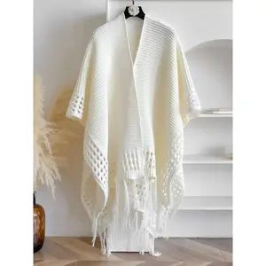 Women's Solid Color Fringe Trim Open Front Cape Shawl, Casual Poncho Cape Shawl for Daily Wear, Fashion Accessories for Women, Knitted Scarf