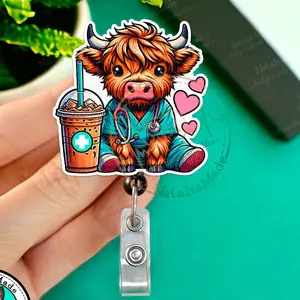 Highland Cow In Scrubs Retractable Badge Reel- Cute Cow with Coffee ID Badge Holder for Nurses, Pediatrics, NICU Labor and Delivery Name Badges for Healthcare Staff