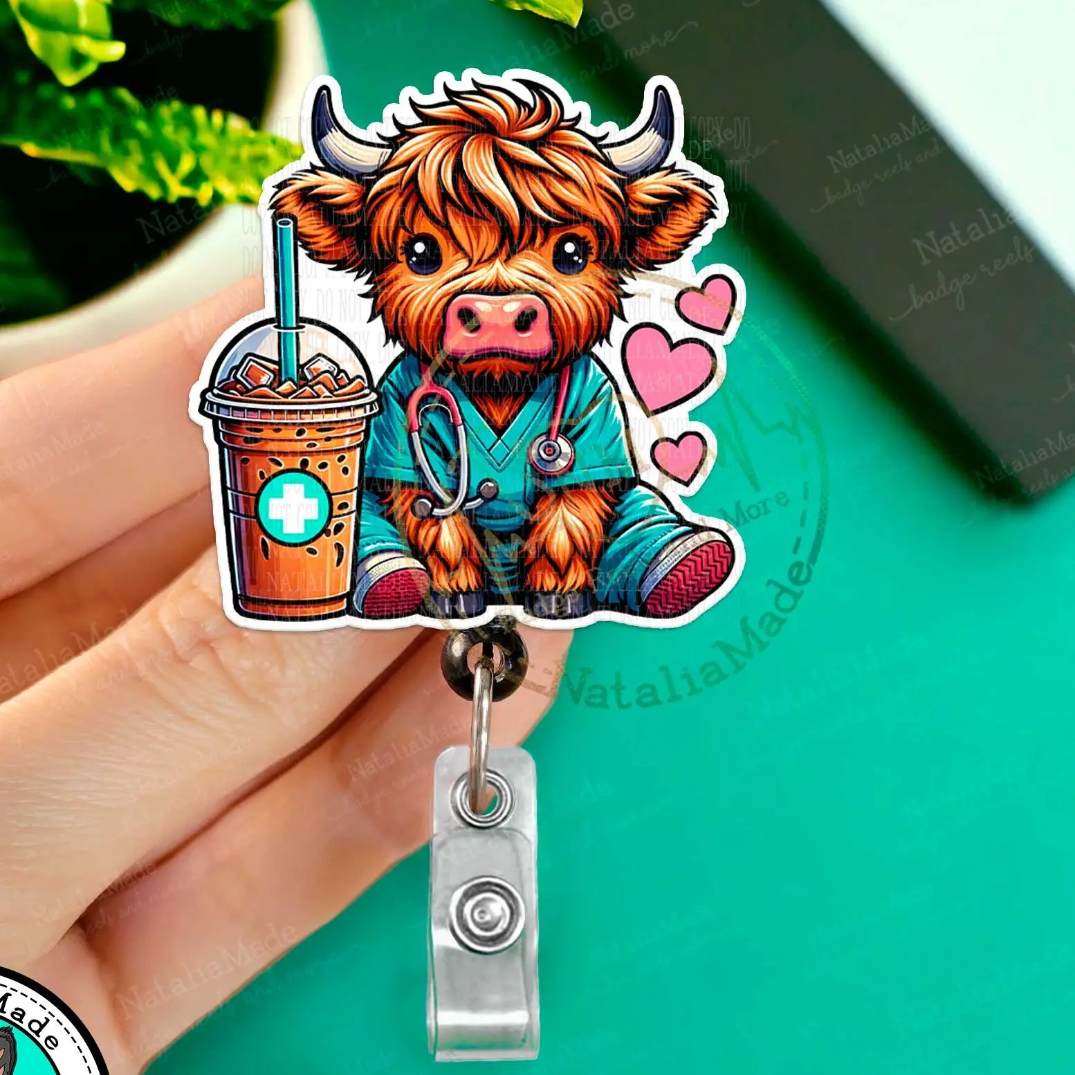 Highland Cow In Scrubs Retractable Badge Reel- Cute Cow with Coffee ID Badge Holder for Nurses, Pediatrics, NICU Labor and Delivery Name Badges for He