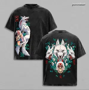 Princess Mononoke T-Shirt, Studio Ghibli Vintage Washed Tee, San and Moro Wolf Spirit Anime Shirt, Oversized Japanese Streetwear, Dark Aesthetic Manga Graphic Top, Unisex Casual Anime Fashion