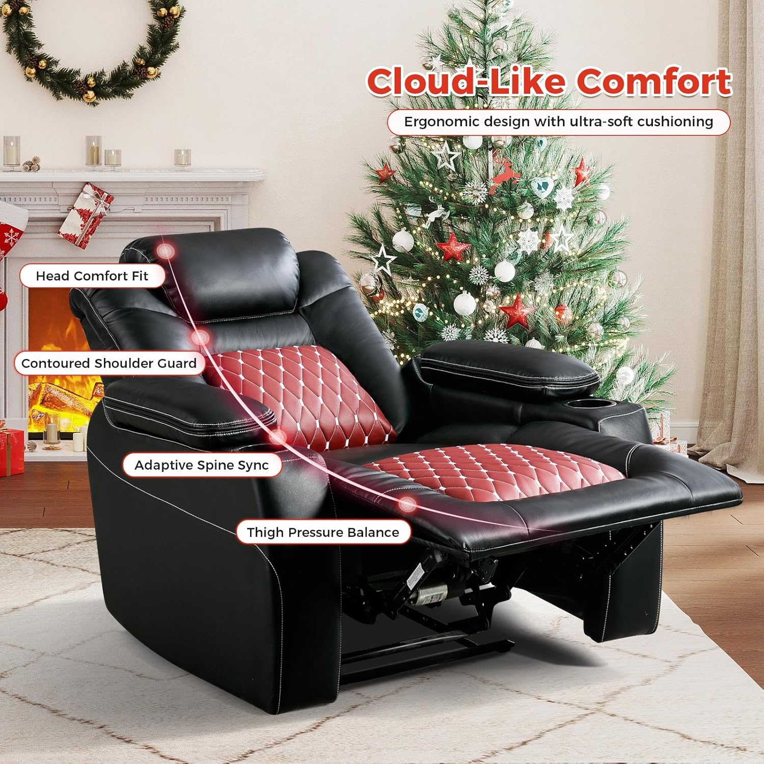 Electric Power Recliner Chair | Adjustable Headrest + USB Ports + Cup Holders + Hidden Storage (Black/Red)