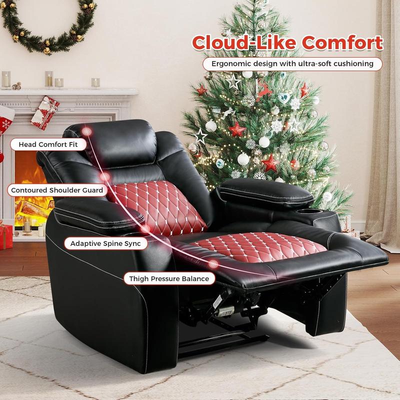 Electric Power Recliner Chair | Adjustable Headrest + USB Ports + Cup Holders + Hidden Storage (Black/Red)