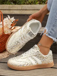 Women Leopard Print Gold Foil Casual Sneakers Retro German Training Style Lace Up Flat Shoes for Daily Wear