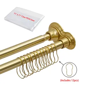 Utopia Alley DS9GD Adjustable Dual Rail 72-Inch Double Shower Curtain Tension Rods - Rust-Proof Aluminum, Rubber End Caps, Easy No-Drilling Installation, Extendable Bathroom Wall-to-Wall Solution, Includes Shower Liner, Adjustable Dual Rail Shower Curtain