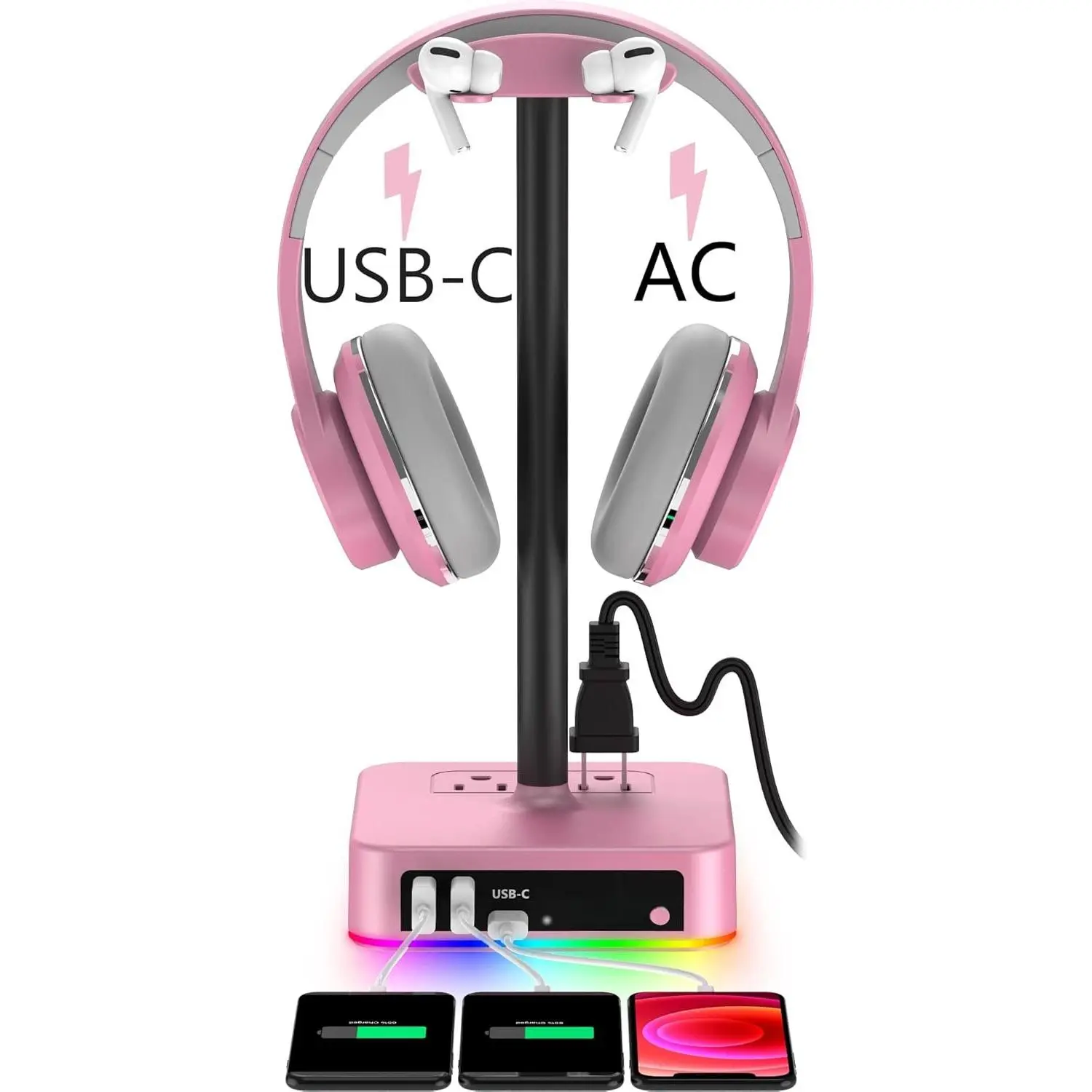 RGB Headphone Stand with USB Charger Desk Gaming Headset Holder Hanger Rack with 3 USB  Port and 2 Outlet - Suitable for Gamer Desktop Table  Earphone Accessories Girlfriend