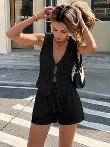 NELSONMIS 2pcs Women Black Solid Color Vest Cardigan Top And Shorts Set Suitable For Spring Summer