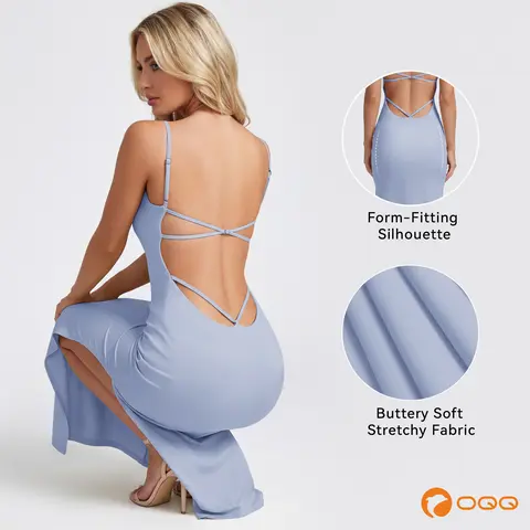OQQ Women's Backless Sleeveless Spaghetti Strap Bodycon Formal Maxi Dress - Buttery Soft Stretchy Fabric, High-Slit, Cold Wash, 2026 Elegant Style, Ideal for Wedding Guest, Date Night, Formal Wear, Confident Coverage