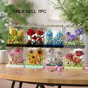 DIY 3D Flower Assembly Kit, Building Block Sets, Flower Bricks, Handmade Bouquet, Transparent Acrylic Box, Abs Plastic, Home Decor Gift, Creative Craft Project, Assembly Building Blocks
