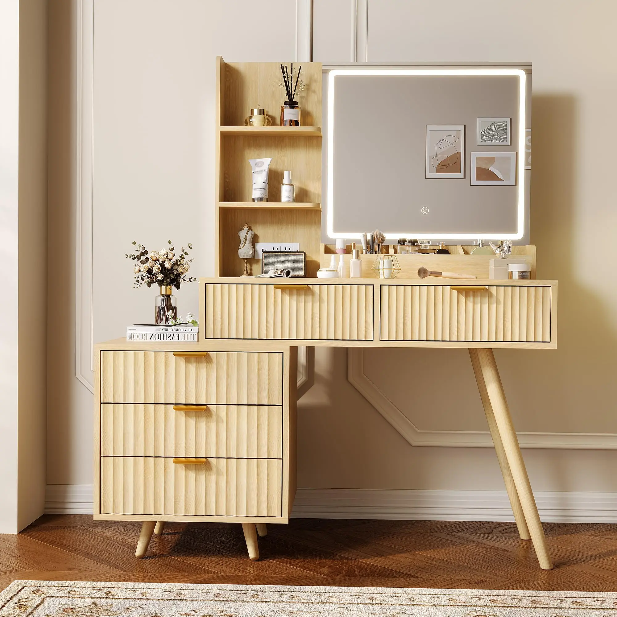 Vanity Desk with Lighted Mirror & Power Outlet, Makeup Vanity Table with 5 Drawers, Wave Panel Design, 3 Color LED Lighting, Storage Shelves for Bedroom