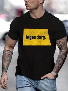 100% cotton North Dakota State Legendary Slogan [distressed] Printed T-shirt, Short-sleeved Crew Neck Casual Top, Suitable For All Seasons, Men's Wear