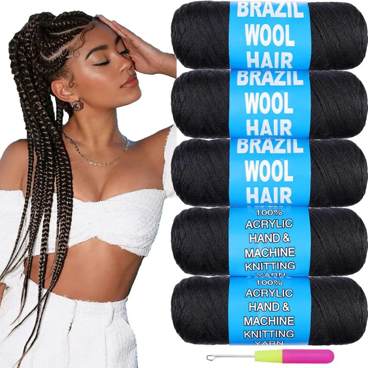 5 Roll Natural Black Brazilian Wool Hair for African Crochet Hair Jumbo Braids Senegalese Twisting Knitting Hair Braids Faux locs Synthetic Hair Extensions for Women 70G/Roll(1B#)