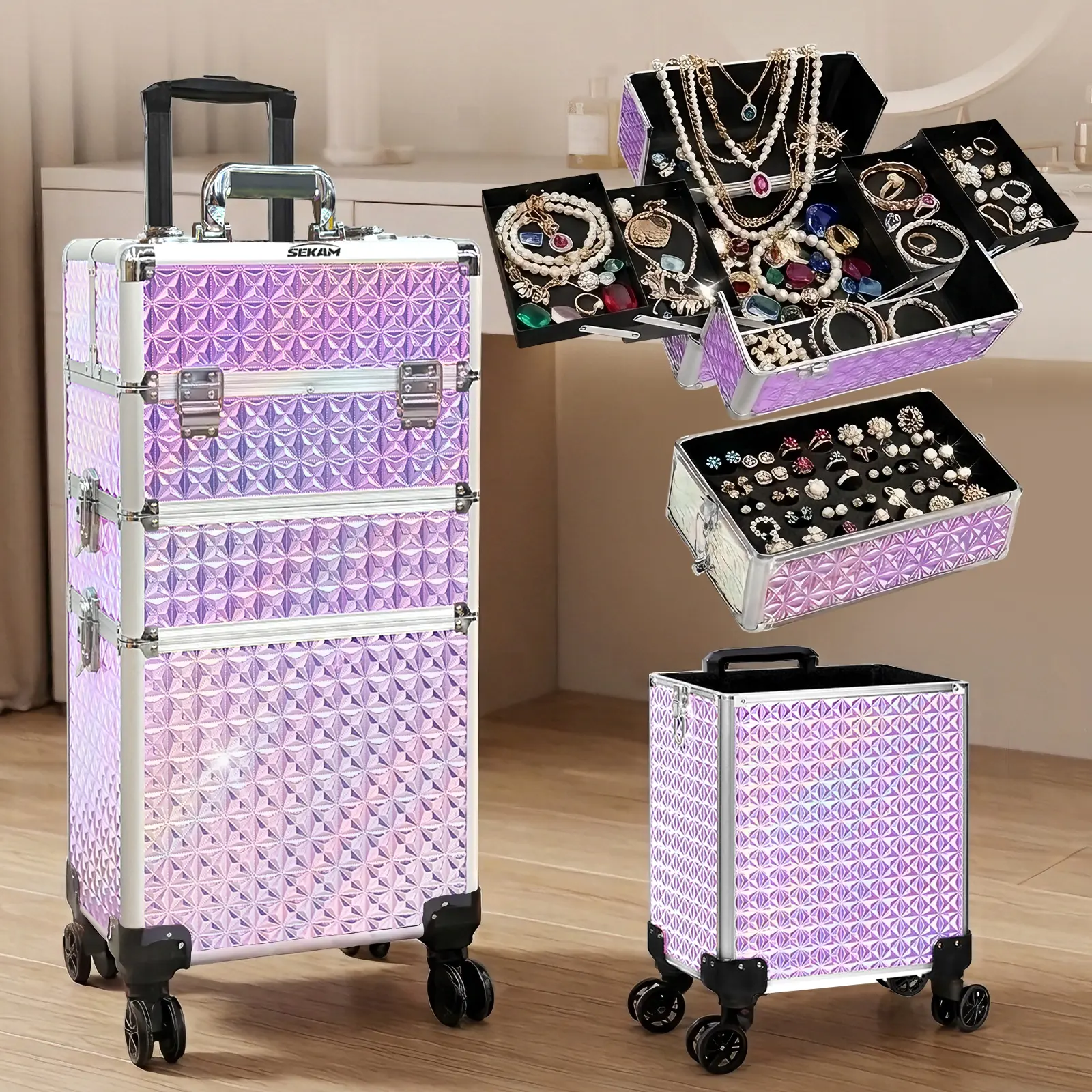 Sekam Rolling Trolley Case - Diamond Texture, 2-in-1 Large Capacity Secure-Lock Aluminum Frame Organizer with Built-in Pockets for Professional Artists, Large Capacity Bag