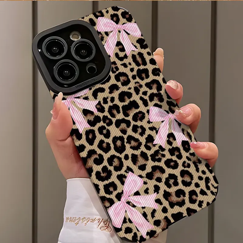 Bow Leopard Print Shockproof Ultra-Thin Protective Phone Case Cover Casing for iPhone 17/16/15/14/13/12/11/plus/pro Max, Dust-Proof Protection Gift Idea Accessories Stylish Protective Cover