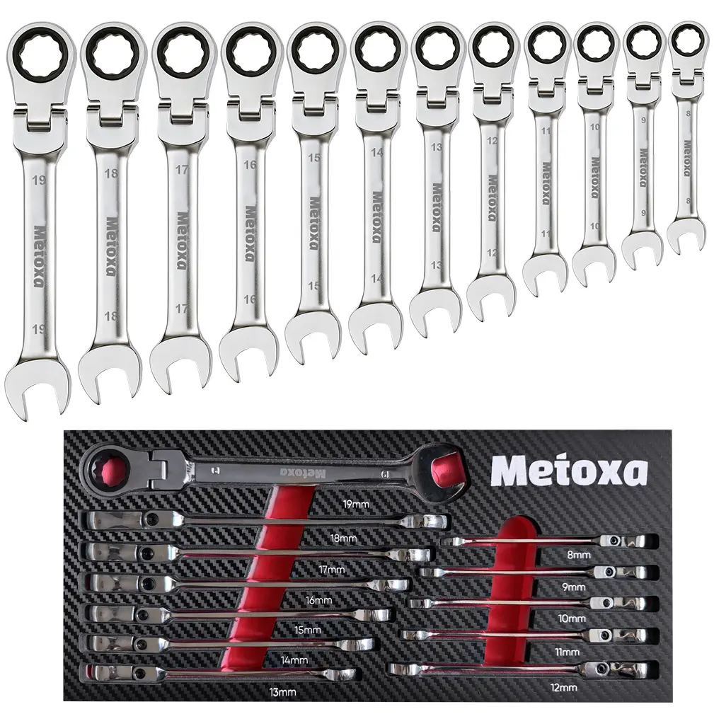 METOXA 12-Piece Metric Flex-Head Ratchet Set, 8-19mm Combination Wrenches with EVA Organizer Tray, CR-V Hand Tools for Auto Repair & DIY Projects, Rachet Set, Auto Repair Tools