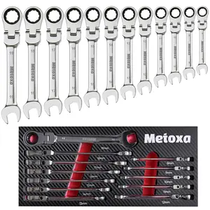 Metoxa 12pc Flex-Head Ratcheting Wrench Set (Metric 8-19mm), 72-Teeth Ratchet Set with EVA Storage Tray, Professional CR-V Steel Tools for Mechanics & Home Repair