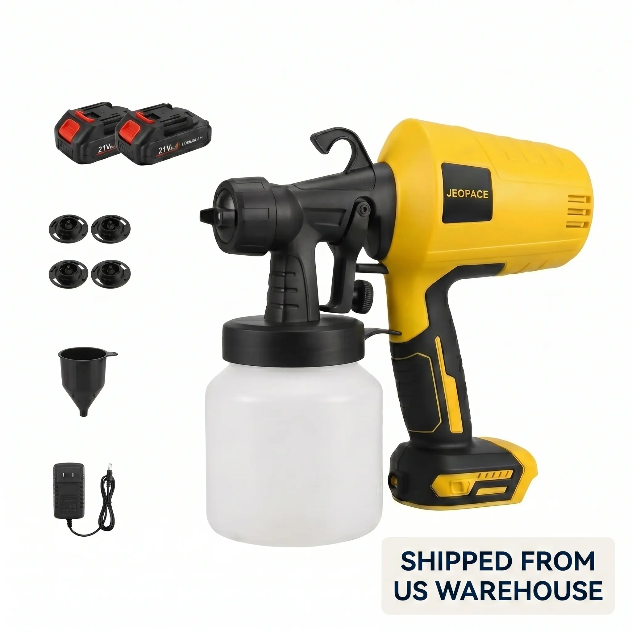 Portable Cordless Electric Paint Sprayer with 2 Replacement Battery Packs, 3 Spray Modes, 4 Nozzles, and an 800ml tank. It features adjustable flow control, perfect for renovating indoor homes, furniture, walls, doors and more. cleaning accessory gun