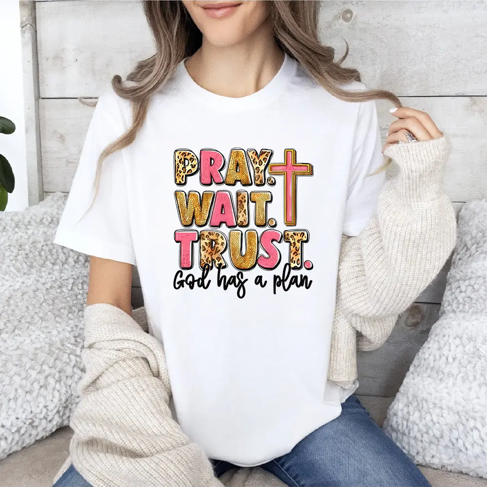 Ladies' Inspirational T-Shirt Featuring The Phrase 'Pray. Wait. Trust. God Has a Plan' - Designed with a Casual Crew Neck, Short Sleeves, Soft Fabric, Regular Fit, Suitable for All Seasons
