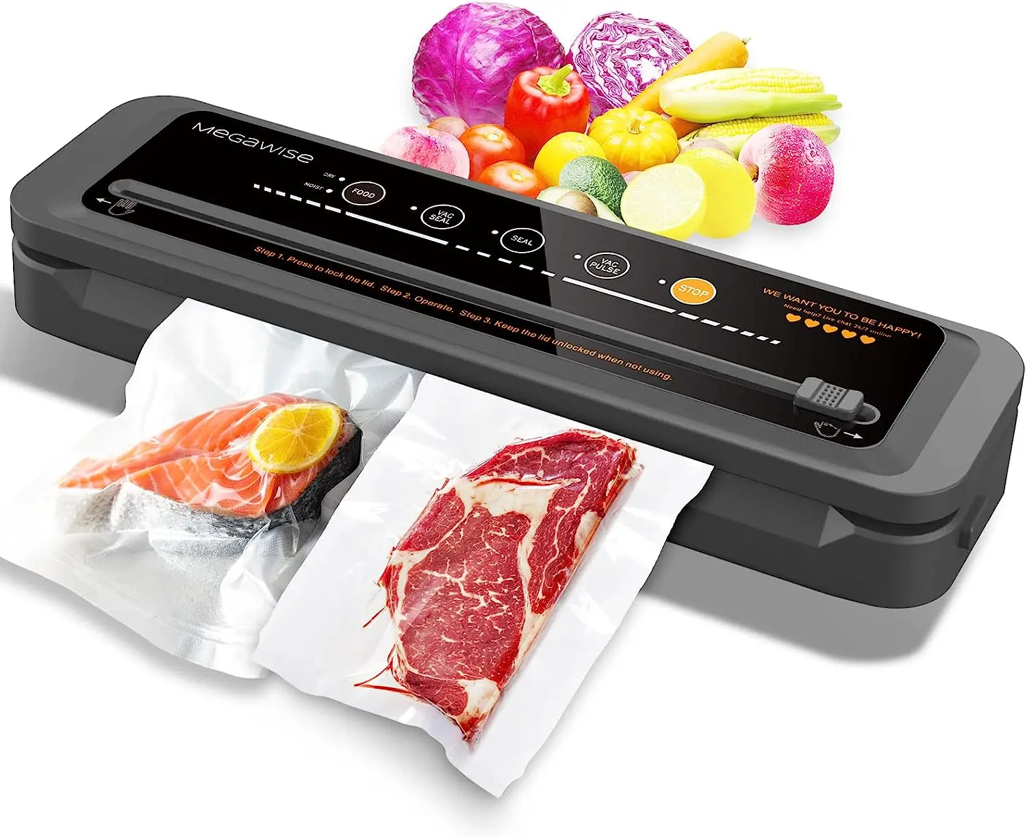Megawise Durable Vacuum Sealer, 80kPa Suction Power, 11.8-inch Sealing Bar, 1-Touch Automatic Operation, Moist Mode Handles Poached Foods, Bags and Cutter Included, Built-in Sliding Cutter, ABS Construction, Vacuum Hose, 50+ Cycles Without Overheating, In