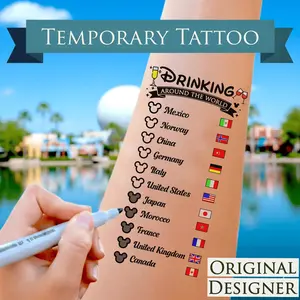 (4-Pack) Drinking Around the World Tattoos - EPCOT World Showcase Checklist, Passport Tracker