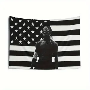 Tapestry 1Pc Of Astro Jack Utopia Product Featuring The American Flag, Designed In A Black And White Hip-Hop Style Poster, Includes A Free Installation Kit.