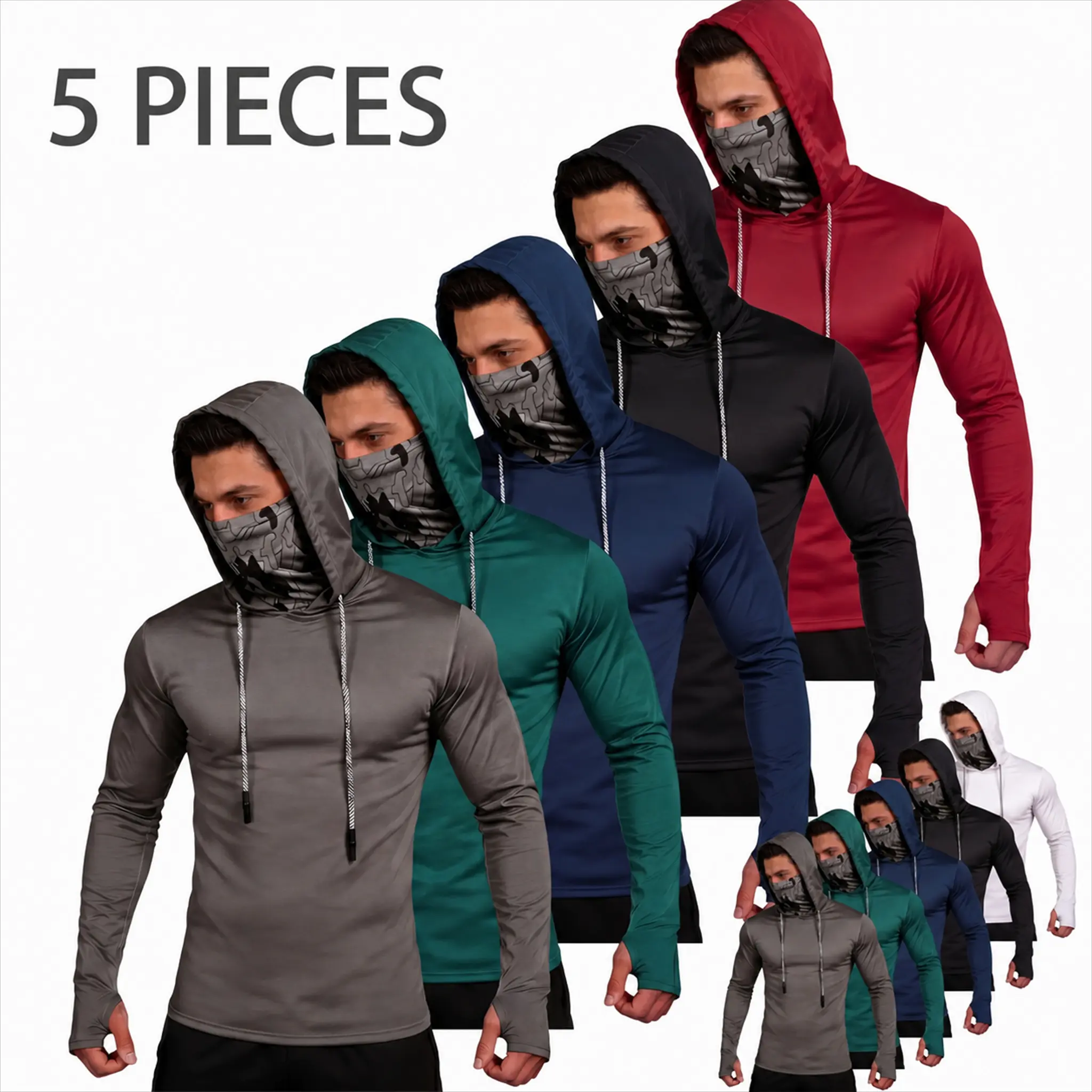 Men's UPF 50+ Hooded Sun Protection Shirt, Long Sleeve Outdoor Top with Adjustable Drawstring, Thumb Holes and Camouflage Face Covering