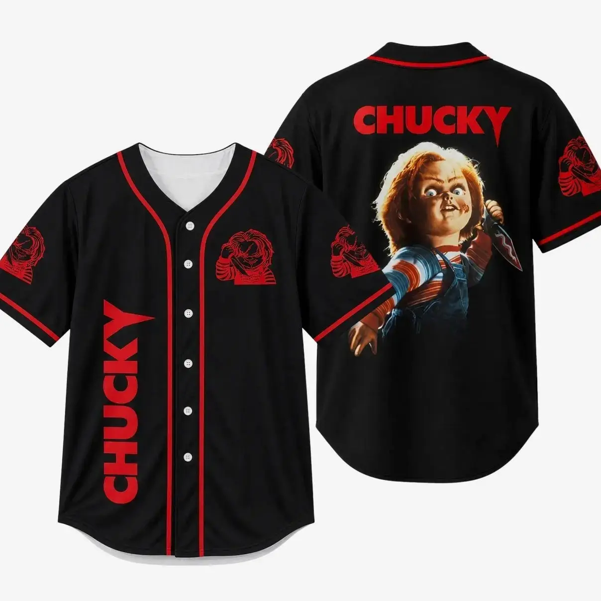 Unisex Oversized Polyester Short Sleeve Tops, Chucky Black Baseball Jersey with Red Horror Doll Gothic Print, Breathable Gothic Streetwear Halloween Wear, Baseball Softball, Regular Cut, Unisex Male