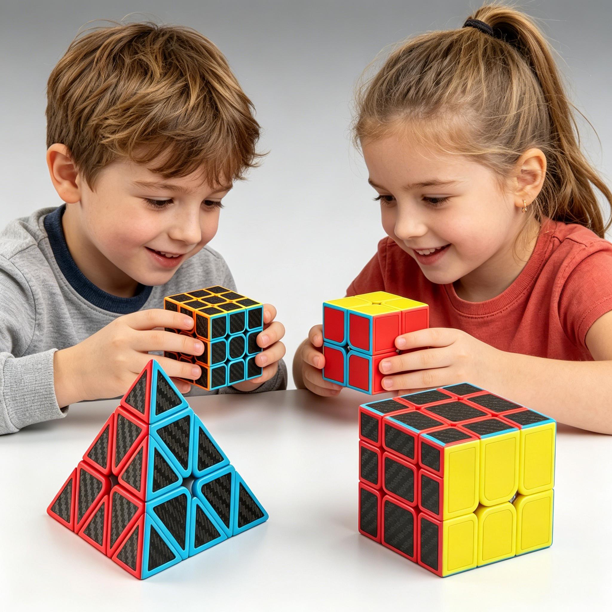 Speed Cube Set, 4 Pack Magic Cube Bundle Includes 2x2x2 3x3x3 4x4x4 Pyramid Puzzle Cube, Carbon Fiber Sticker Smooth Turning Brain Teaser Toy, Birthday Party Christmas Stocking Stuffers Gift for Kids Teens Adults