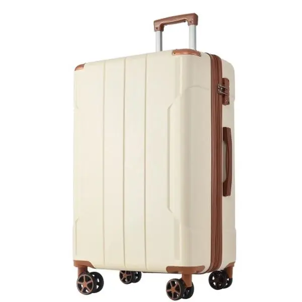 24-Inch Checked Luggage, Expandable Hardshell Suitcase, Lightweight ABS Travel Case with Double Wheels, White Brown
