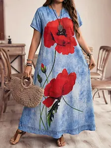 Women's Plus Size Floral A-Line Dress, Womenswear, Elegant Fashionable Chic Loose Fit, Casual Wear, Comfortable Fabric, Easy Wear, Suitable for Various Occasions