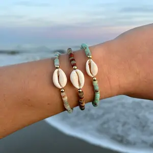 gemstone cowrie shell bracelets, 14k gold filled shell bracelets, beach shell bracelets