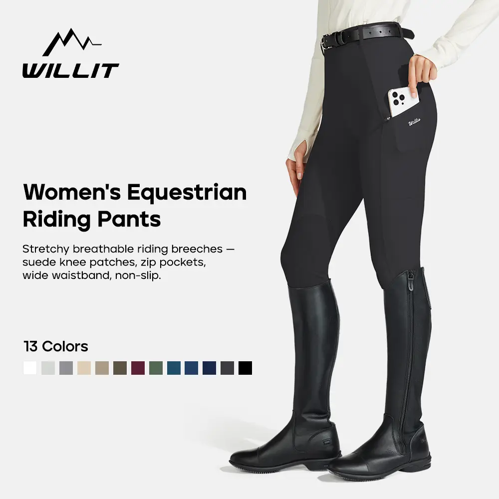 Willit Women's Equestrian Riding Pants with Knee Pads, Equestrian Long Pants, Horseback Training Tight Pants with Zipper Pockets