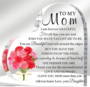 Mom Birthday Gift from Daughter Son 6 Inch to My Mom Heart Shaped Acrylic Sign Appreciation Plaque with Carnation Flower for Mother's Day