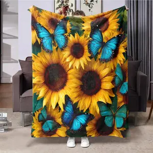 Sunflower & Butterfly Pattern Blanket, Soft Warm Throw Blanket, Air-conditioned Room Blanket, Warm Nap Blanket for Home Office Travel Camping