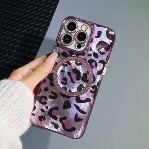 Magnetic Leopard Print Case with Rhinestone Lens Ring – Durable Shock-Resistant Cover for 16 Plus, 16 Pro Max, 15, 14 Smartphones – Stylish Women’s Accessory