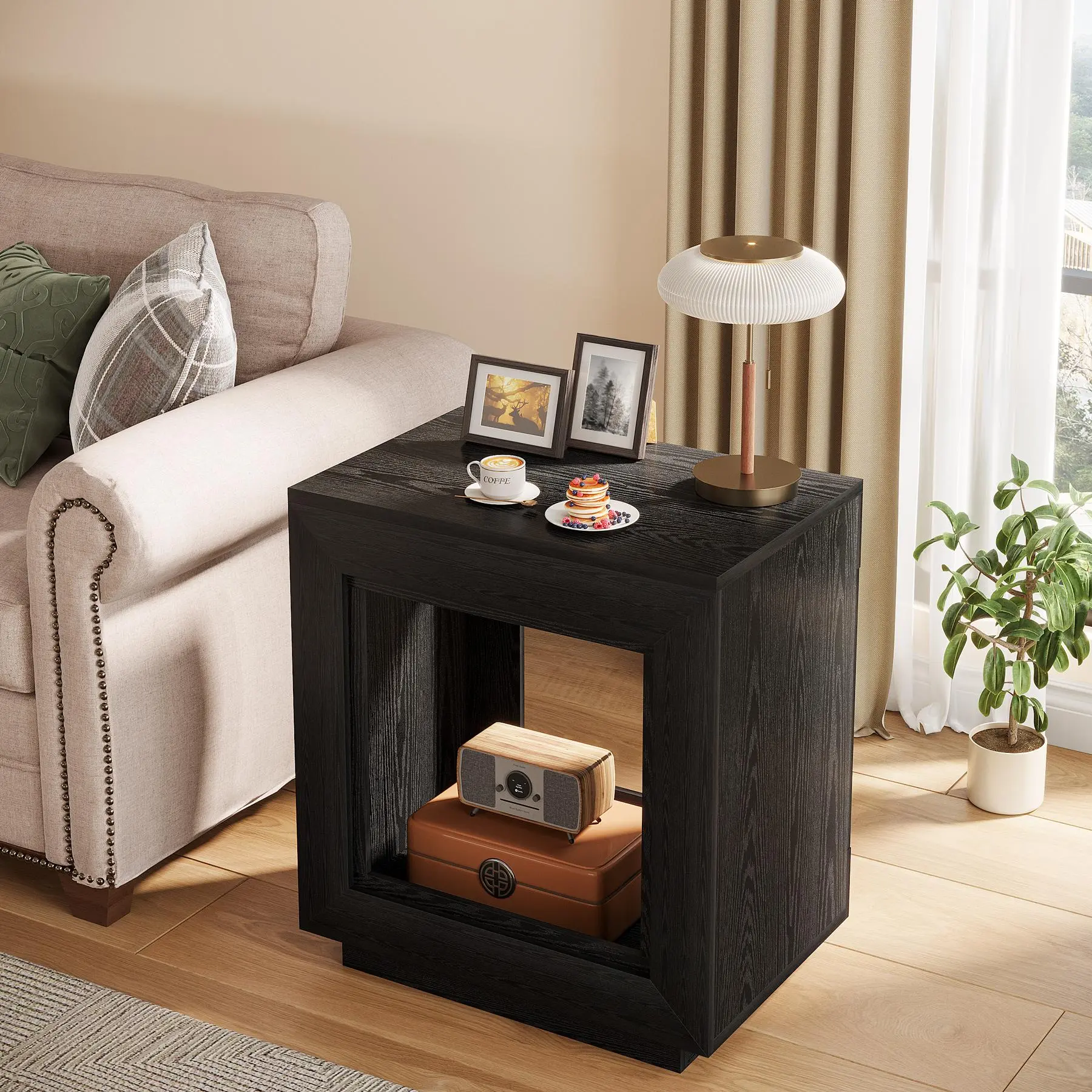TRIBEWOOD Rustic Farmhouse Accent Table - 2-Tiered Square Indoor Nightstand Side Table with Storage Shelf, 24 Inches Sturdy Base Wood Compact Space-Saving Furniture for Small Spaces Living Room