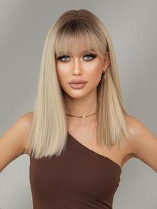 18 inch long straight hair rooted color wigs for women, ash blonde wig, gorgeous fluffy glueless wigs with blunt bangs, synthetic full machine wigs for party, daily use