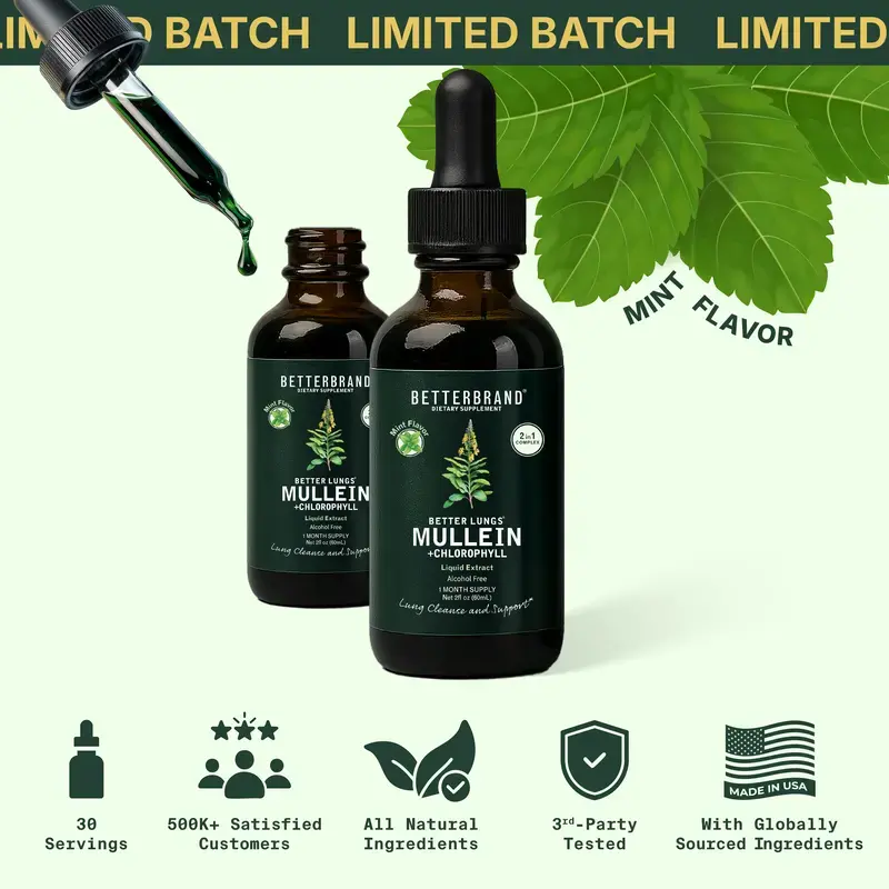 【2 pack】Betterbrand Mullein Leaf & Chlorophyll Drops for Lung Detox & Mucus Cleanse - Mint Flavor - 30 Servings - Clinically Studied Natural Liquid Herbal Supplement for Respiratory Wellness
