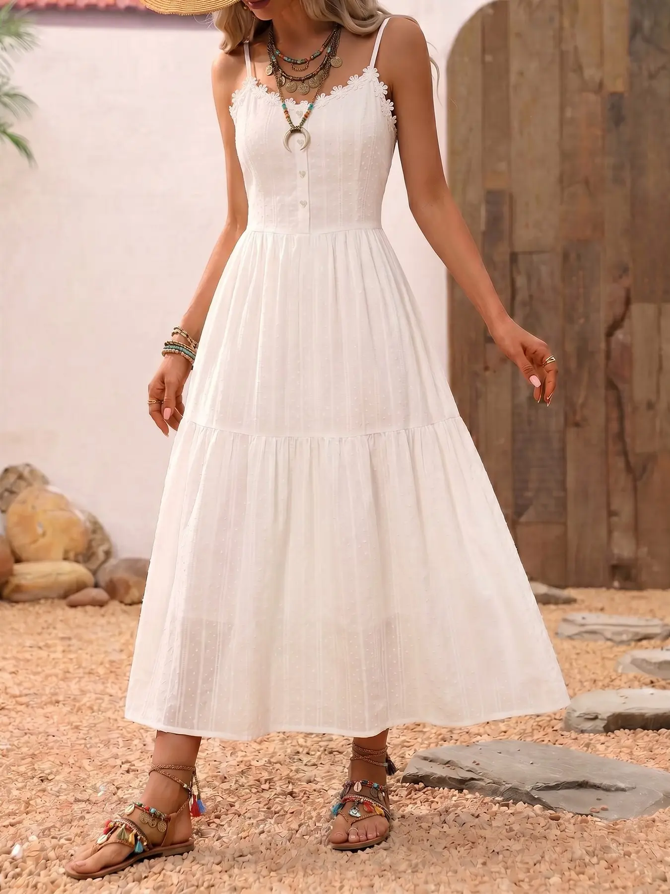 French Elegant Lace V-Neck Strap Dress Women, Feminine, Slim-Fitting Waist Cinch, Loose A-Line Beach Vacation Style, Bohemian, Boho, Single Button Closure, Summer