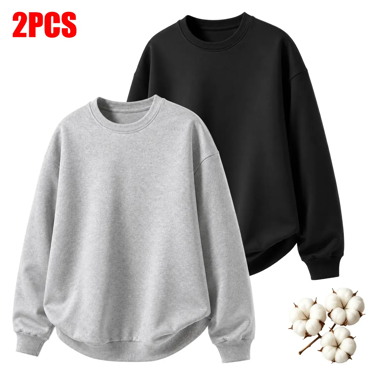 2PCS Men’s Thick Warm Brushed Fleece-Lined Crew Neck Sweatshirts, 50% Cotton/Polyester blend, oversized plain pullover, soft and cozy long-sleeve basic top for everyday wear, jogging, streetwear, and autumn–winter outfits