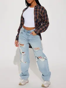 Seeking Thrills Shredded Straight Leg Jeans - Light Wash